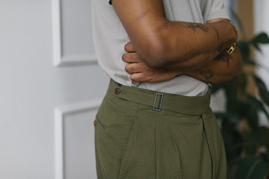 Olive Seersucker Pleated Shorts