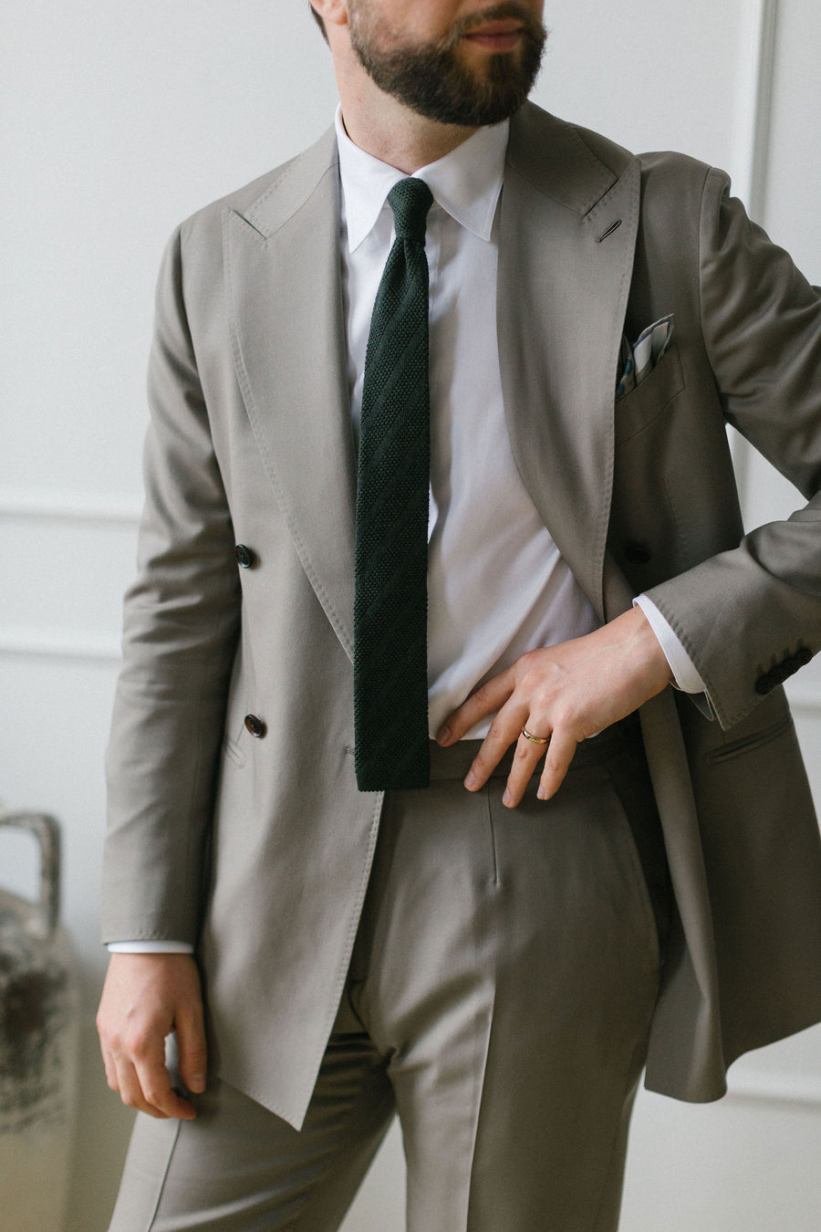 Beige Double Breasted Gabardine Suit