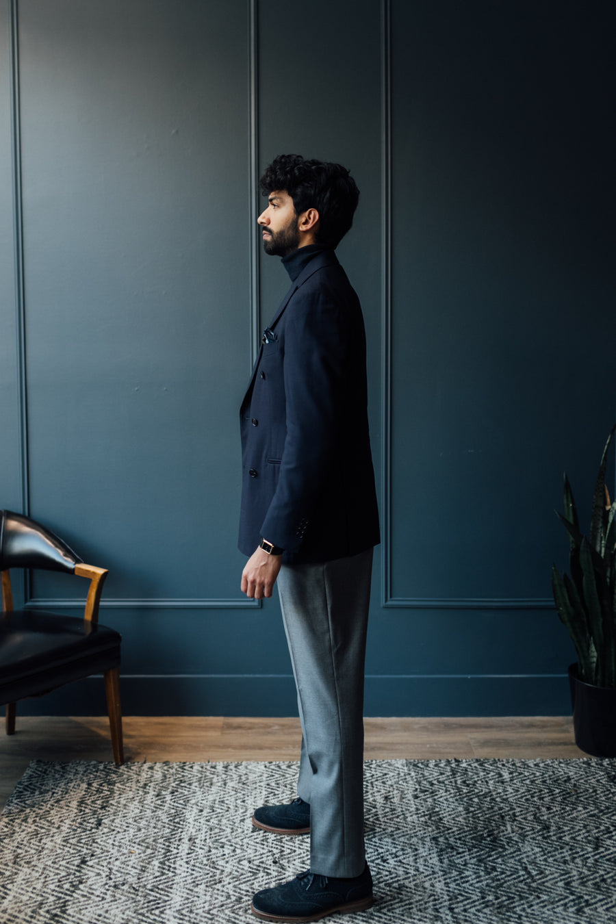 Navy Double Breasted Blazer in Traveller Wool