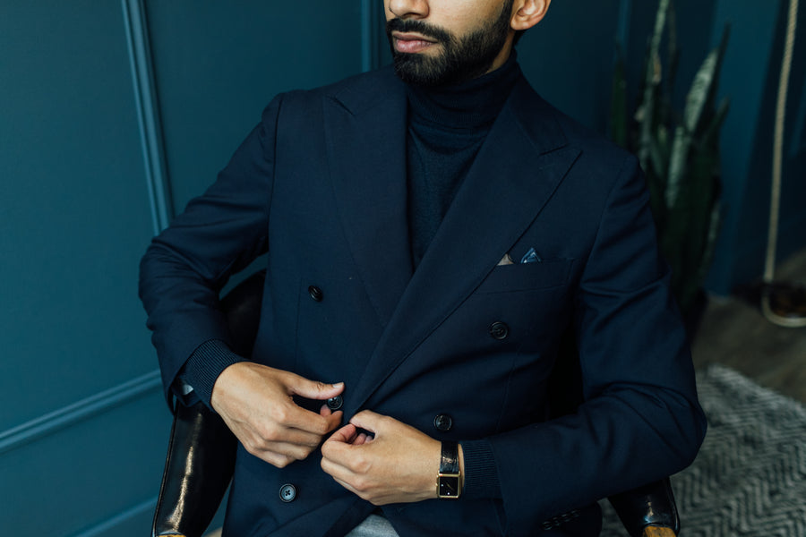Navy Double Breasted Blazer in Traveller Wool